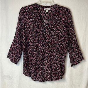 Coldwater Creek Women’s Tunic Size M Navy Pink Floral Pintuck Pleat 3/4 Sleeve